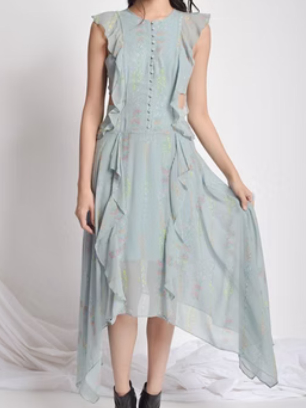 BCBGMaxAzria Pale Blue Floral High-Low Ruffle Midi Dress
